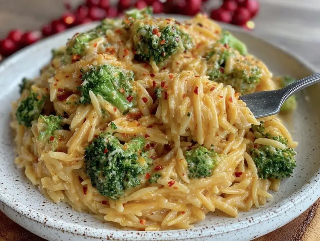 broccoli cheddar orzo - featured image