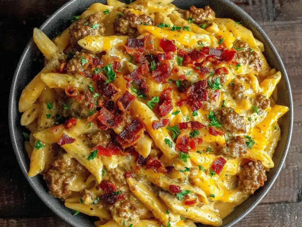 creamy bacon cheeseburger pasta - featured image
