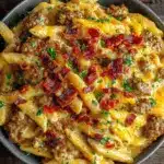 creamy bacon cheeseburger pasta - featured image