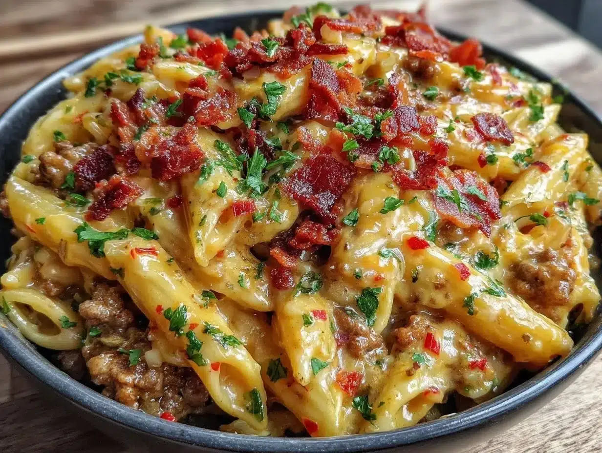 creamy bacon cheeseburger pasta preparation steps