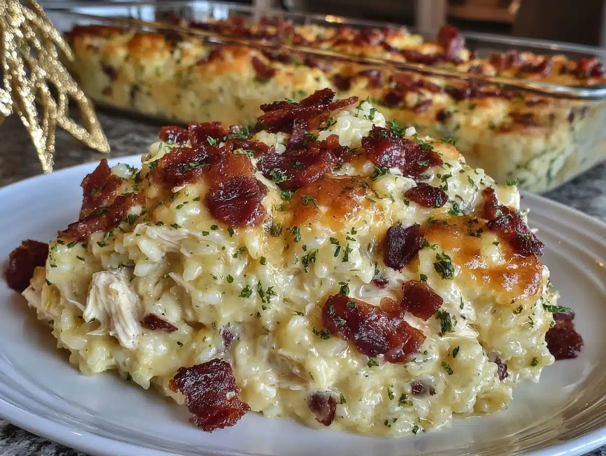 creamy chicken alfredo rice casserole - featured image